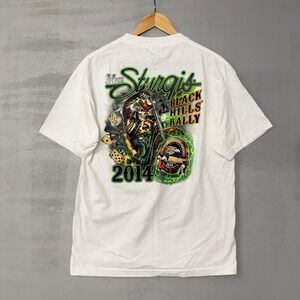 Vintage Sturgis Bike Rally White Y2K Crazy Green Flames Skeleton Harley Shirt La